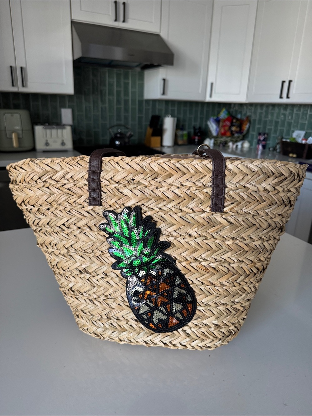 Blue Miami Woven Straw Tote with Sequin Pineapple Patch